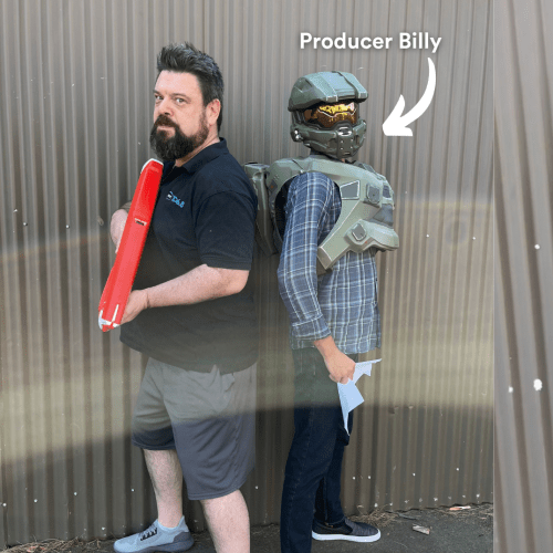Nige tests out his new EXTREME water pistol…on Producer Billy